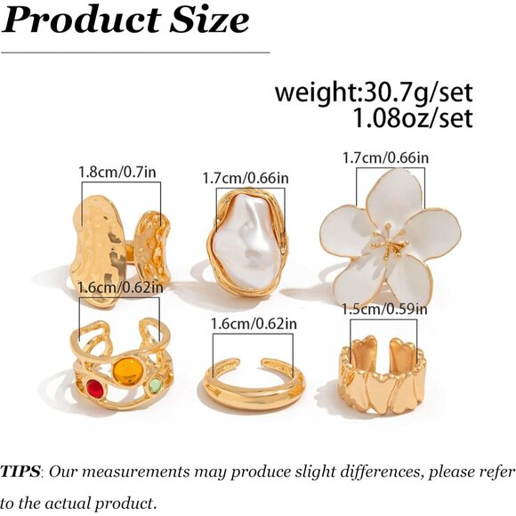 Women Gold Rings Set Pearl Flower Gemstone Stackable Knuckle Chunky Statement - Picture 6 of 7